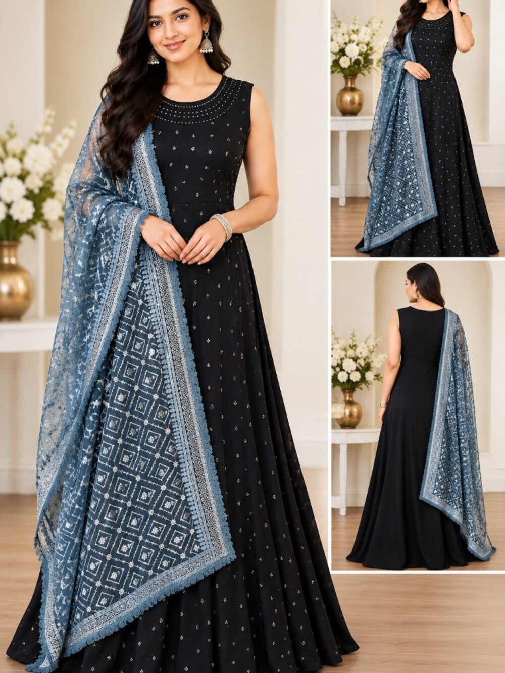 Black Indian Ethnic Dress with Blue Gray Dupatta – Women’s Size M